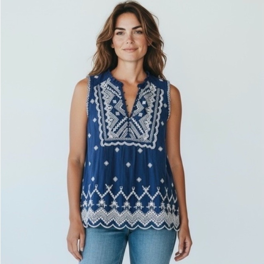 Sundance Navy Blue Boho Chic Cotton Embroidered Top Size Medium M - Picture 2 of 9